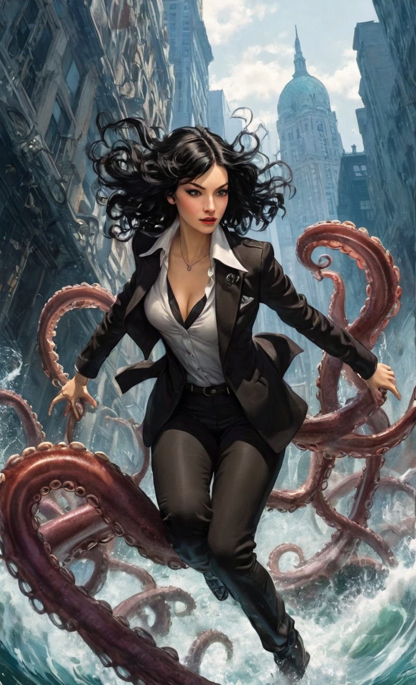 art by Tim Sale, art by Grzegorz Rosiński, art by Régis Loisel , art by Scott Snyder, art by Tim lee, art by Enki Bilal, a masterpiece, stunning detail, an action shot, low angle, a woman, black hair, dressed with 1930s clothes, Kraken, Octopus, Call of Cthulhu, Chicago, action shot,ink scenery,