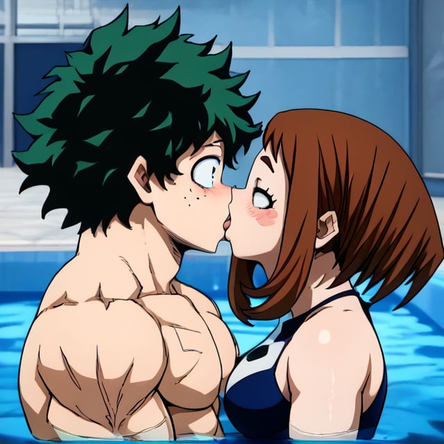 Izuku Midoriya / Deku  A BOY WITH GREEN hair, muscle abs
Ochako Uraraka  a girl with brown hair cute face curvy body
kissing, in the  pool, romantic, french kiss
