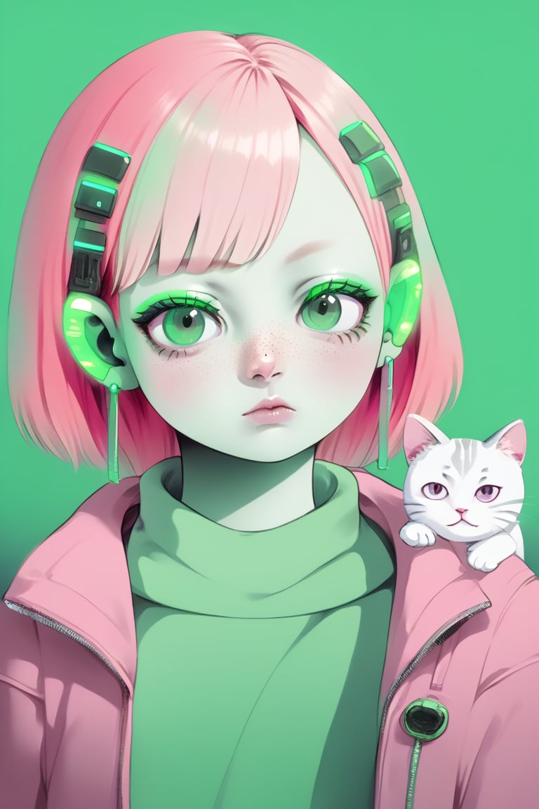 An illustration of a quirky girl with pink hair, in the style of Flat shading, Gemma Correll, with freckles and a cat on her shoulder, photo-manipulated, cyberpunk genre, pastel green
