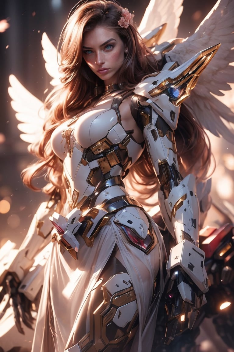 Photo of a woman named Naurel beautiful angel, goddess, red long hair, brown eyes, wearing white dress, dynamic pose, (4k), (masterpiece), (best quality),(extremely intricate), (realistic), (sharp focus), (award winning), (cinematic lighting), (extremely detailed), fullbody, bioluminescence, photogenic,mecha