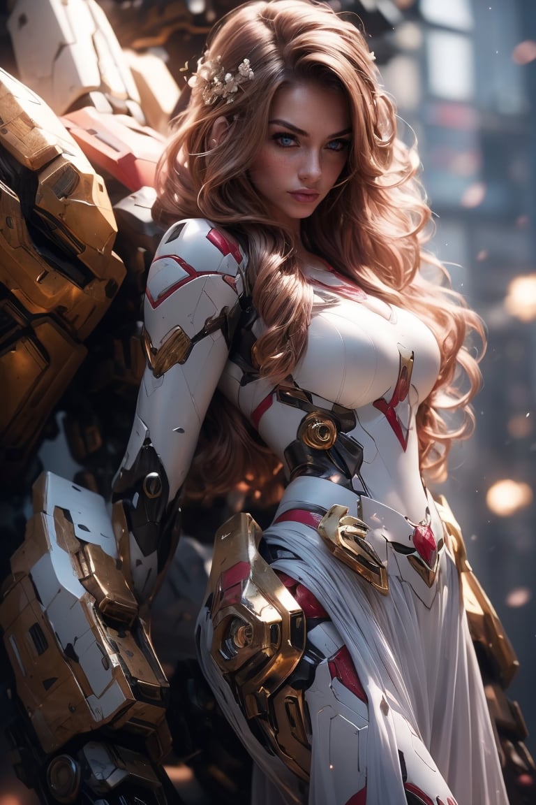 Photo of a woman named Naurel beautiful angel, goddess, auburn long hair, brown eyes, wearing white dress, dynamic pose, (4k), (masterpiece), (best quality),(extremely intricate), (realistic), (sharp focus), (award winning), (cinematic lighting), (extremely detailed), fullbody, bioluminescence, photogenic,mecha