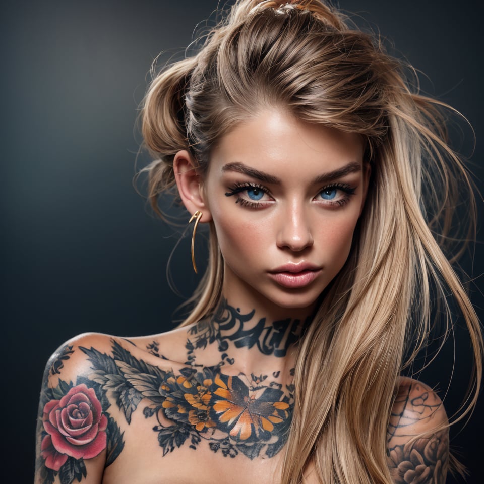 a beautiful female model, a beautiful young woman significance of tattoos and the journey of self-expression through body art, (blue eyes:0.3), honey hair, set against the backdrop of cultural perceptions and individual identity, photogenic.