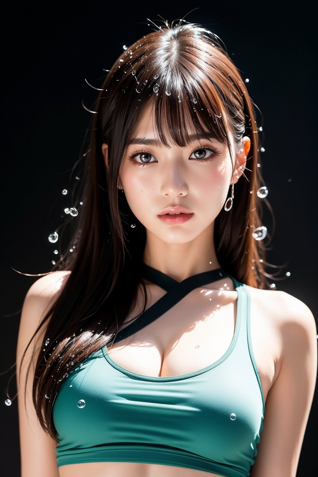 A masterpiece! Here's a prompt that captures the essence of your request:

A stunningly beautiful Japanese famous actress, sporting gyaru-style shortcut brown hair, gazes directly into the camera lens with her piercing eyes, her flawless skin glistening with droplets of water after a splashing good time. Her see-through shirt showcases a tantalizing midriff peek as she stands confidently against a sleek black background. Water drips from her hair and skin, adding to the mesmerizing realism of this high-detail RAW color photograph.