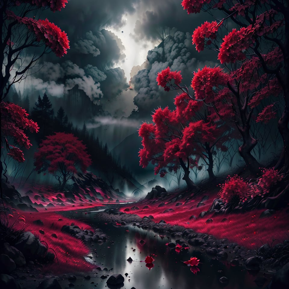 RAW photo, masterpiece,red flowers, ultra realistic, hyper detailed, hdr, 4k, dark river, misty ambiance, mistycal, mist, haze, steam, fog, dark sky, dark shot, vibrant colors, high contrast, dramatic shadows, highly detailed, best quality, high quality, cinematic, (hyper realistic), photorealistic, 12k