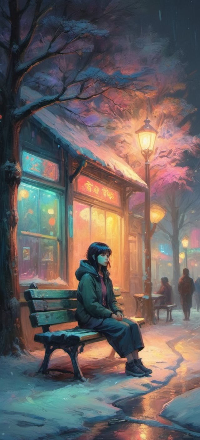 nature park dark snowfall night with neon lights and tungsten lighting a lonely sad girl sitting on bench colorful iridescent detailed lighting inspired by Hayao Miyazaki,lofi vibe,oil painting,more detail XL