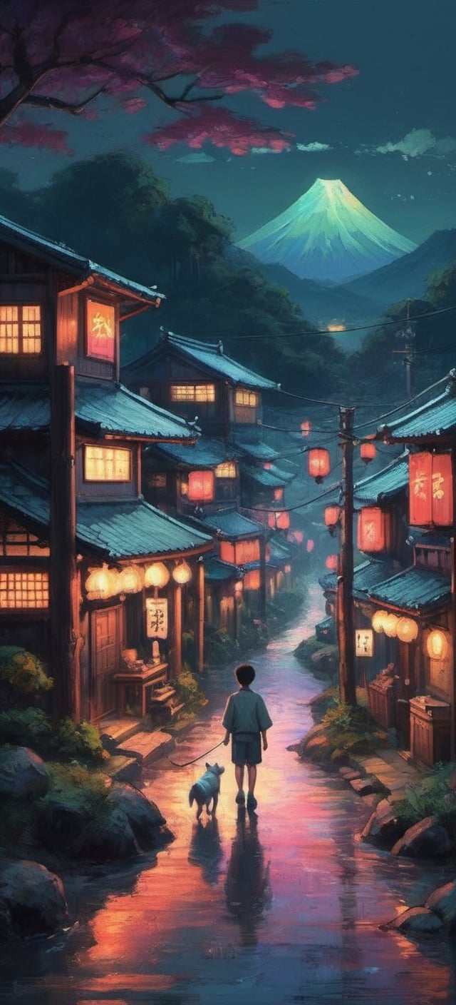 isometric Japanese traditional village dark night with neon signs and tungsten lighting and a boy walking dog colorful iridescent detailed lighting inspired by Hayao Miyazaki,lofi vibe,oil painting