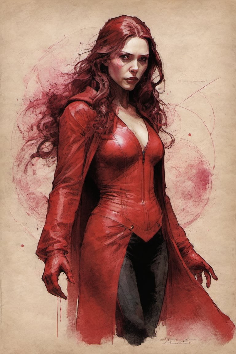 Scarlet Witch Marvel character design colorful art by Jeremy Mann and Carne Griffith,on parchment,ink illustration