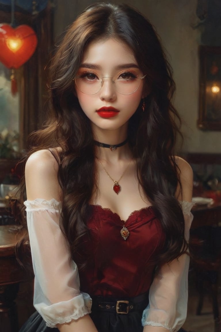 1girl, solo, long hair, looking at viewer, brown hair, holding, jewelry, heart, earrings, parted lips, glasses, choker, lips, black choker, portrait, red lips, heart choker,taiwan