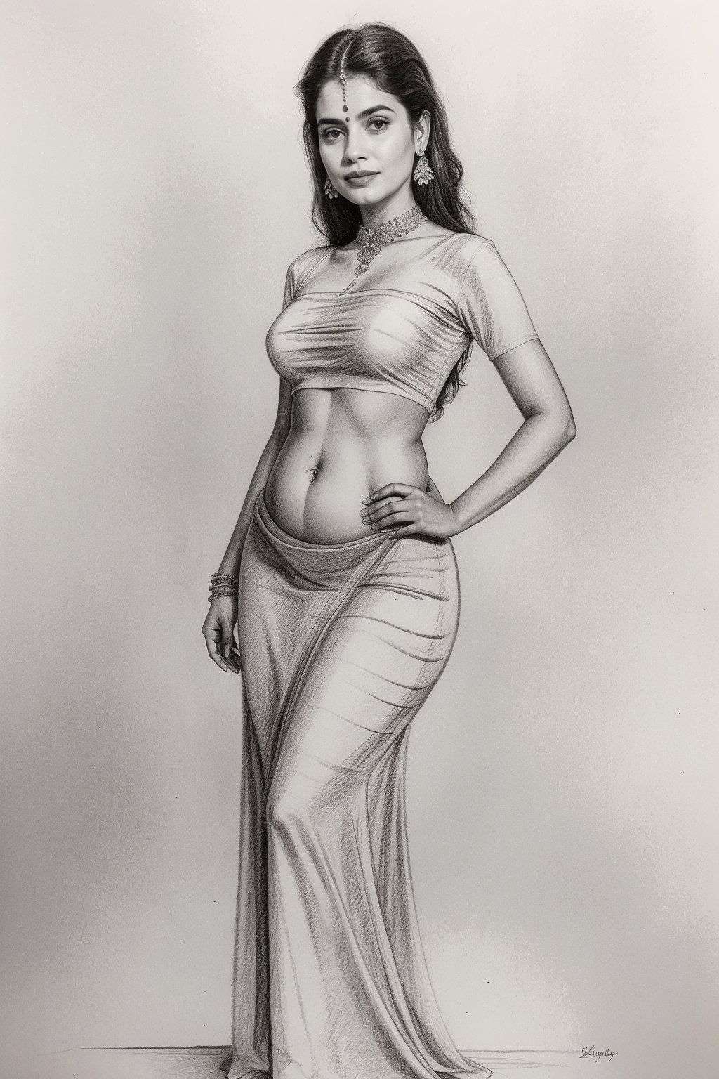 Beautiful indian young girl, pencil sketch,  anatomy , pencil_(artwork), pencil_art, pencil_art, rough_sketch, blouse, long skirt, plump, navel, stomach, slime,beauty,DRAWING,monochrome,REALISTIC