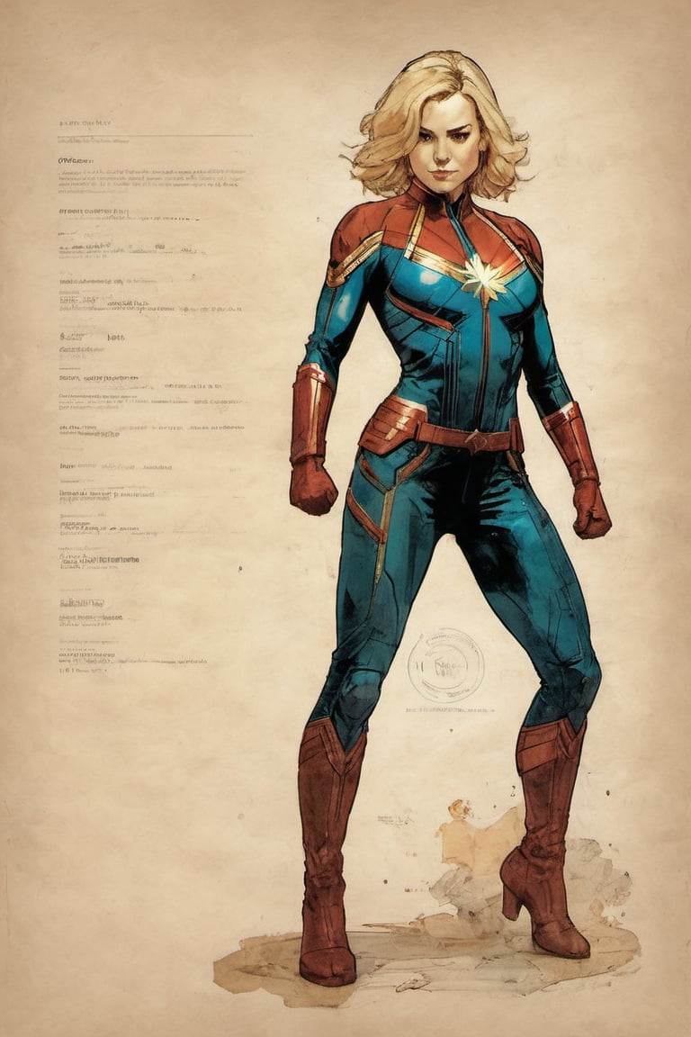 Captain Marvel suit Marvel character design colorful art by Jeremy Mann and Carne Griffith,on parchment,ink illustration