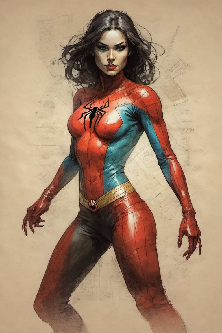 Spiderwoman suit Marvel character design colorful art by Jeremy Mann and Carne Griffith,on parchment,ink illustration