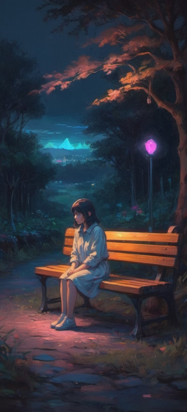 nature park dark night with neon lights and tungsten lighting a lonely sad girl sitting on bench colorful iridescent detailed lighting inspired by Hayao Miyazaki,lofi vibe,oil painting