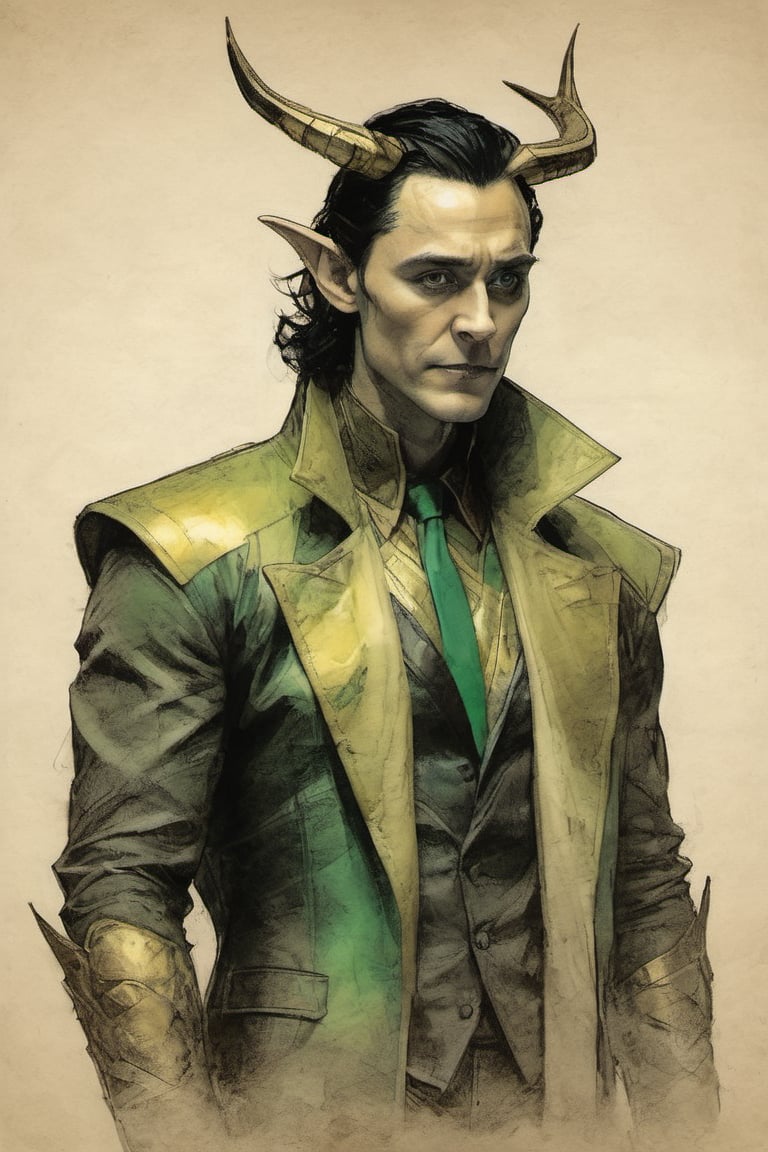 Loki suit DC character design colorful art by Jeremy Mann and Carne Griffith,on parchment,ink illustration