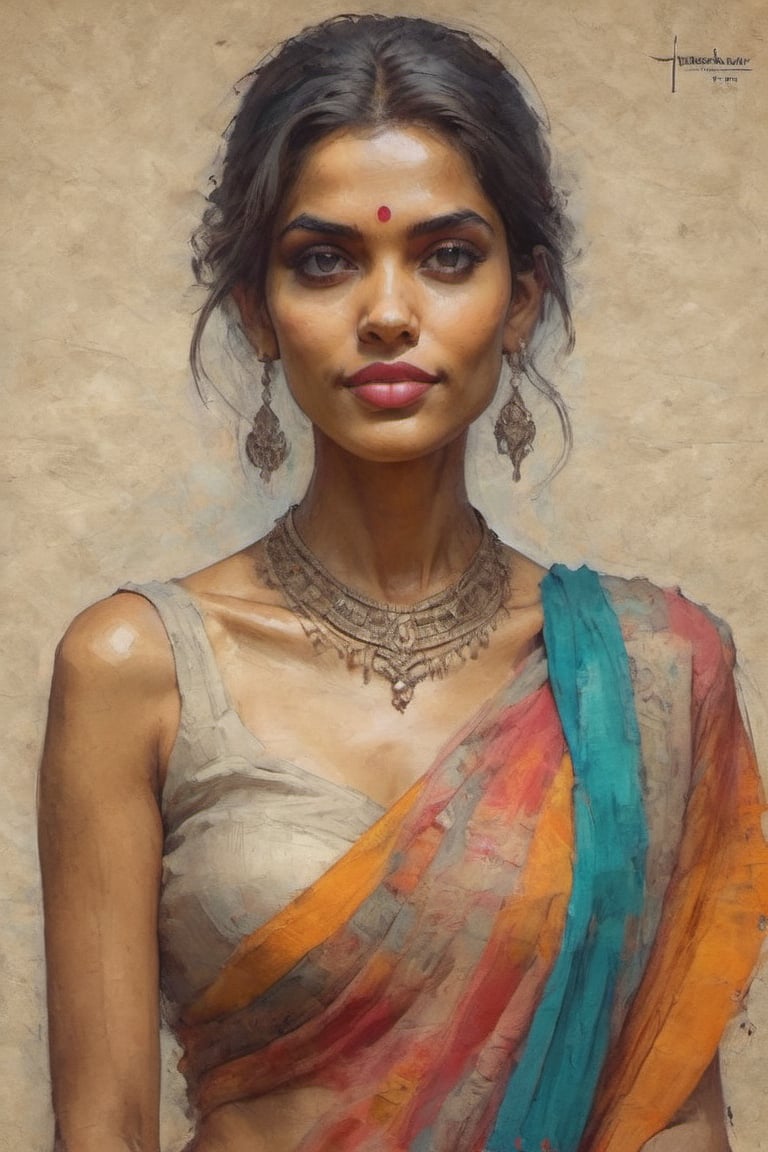 a 20 year super model instagram girl. wear saree, colorful art by Jeremy Mann and Carne Griffith,on parchment,digital painting,street sketch background