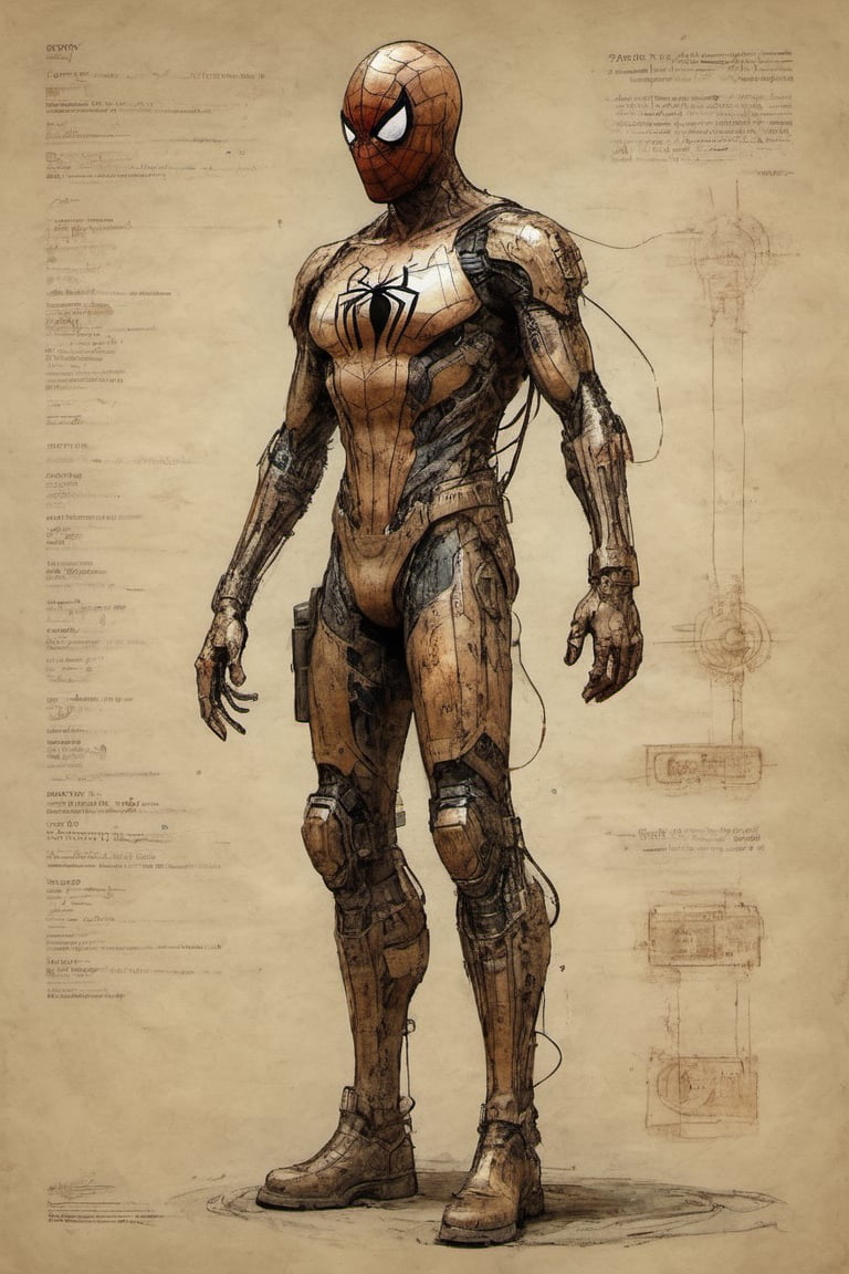 on parchment futuristic cybernetic scifi mecha Spiderman suit Marvel character design rust and metal and copper mad max fury road exposed veins and circuits cinematic intricate concept art by Jeremy Mann and Carne Griffith,on parchment,ink illustration,reference sheet
