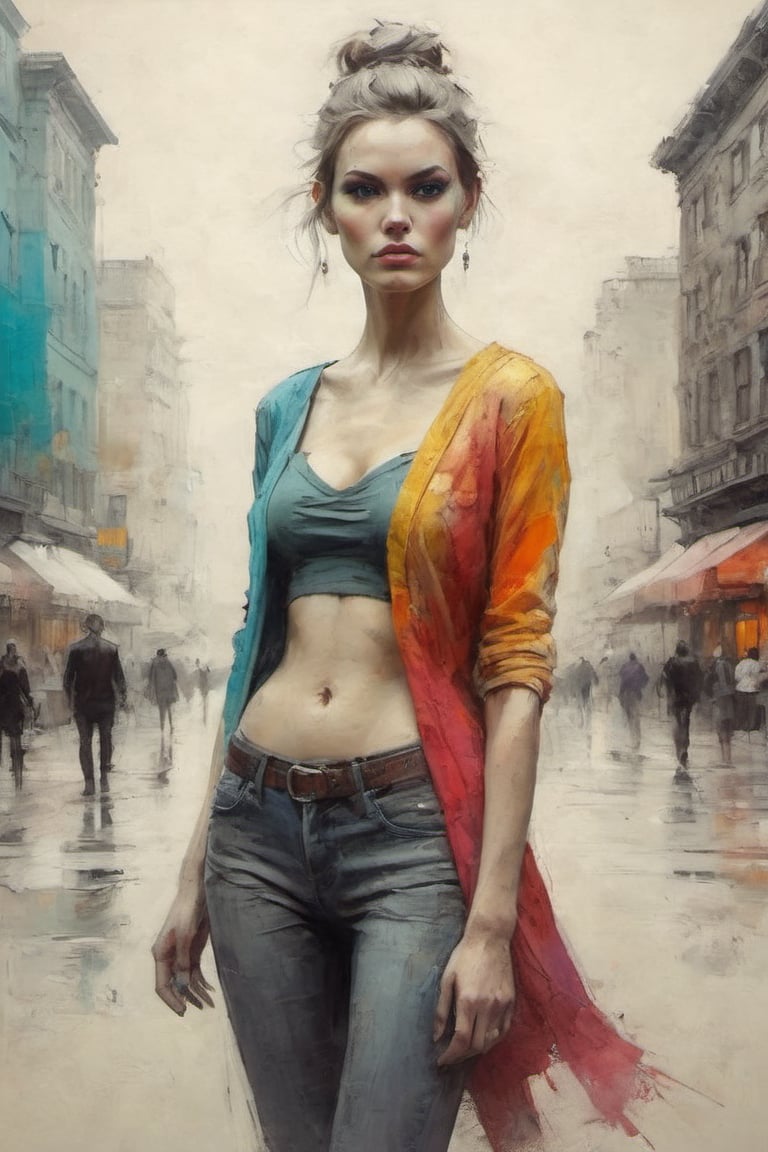 a super model instagram girl. colorful art by Jeremy Mann and Carne Griffith,on parchment,digital painting