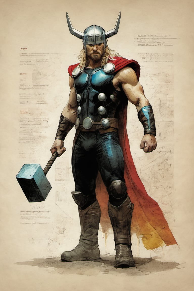 Thor suit Marvel character design colorful art by Jeremy Mann and Carne Griffith,on parchment,ink illustration