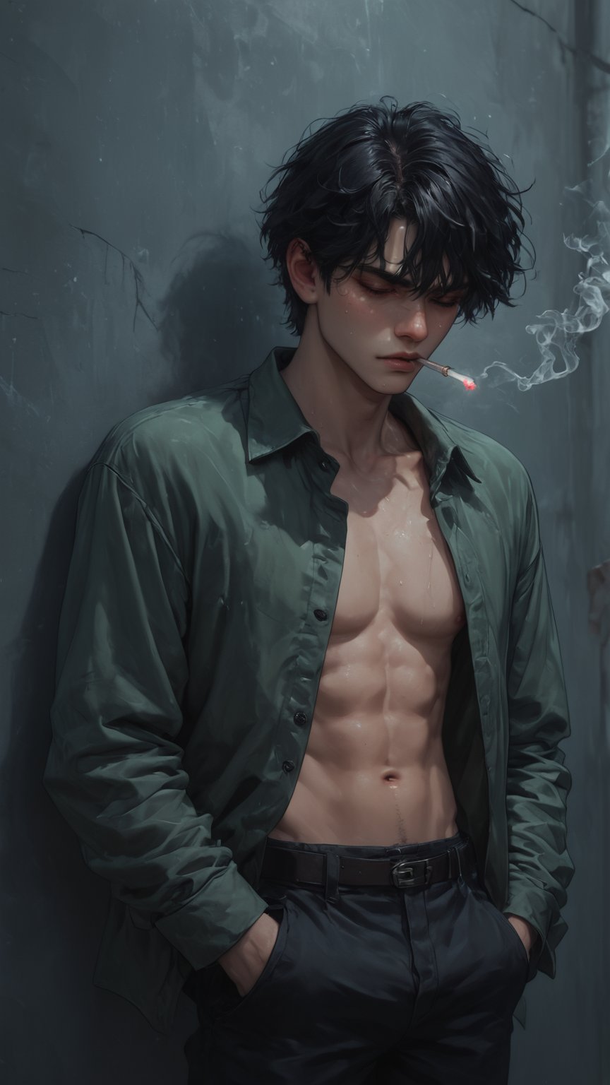 1boy, solo, messy hair, shirt, black hair, red-tone highlight hair, golden-red hue highlight, holding, standing, closed mouth, closed eyes, attitude, green shirt, open shirt, male focus, stand against wall, outdoor, on back, shirt, wall, smoke, cigarette, smoking, holding cigarette,score_tag, rainfall, neon lights, retro light, neon and shadow, raw photo, ultra detailed, hyper realistic, detailed photo, photoshoot,more detail XL