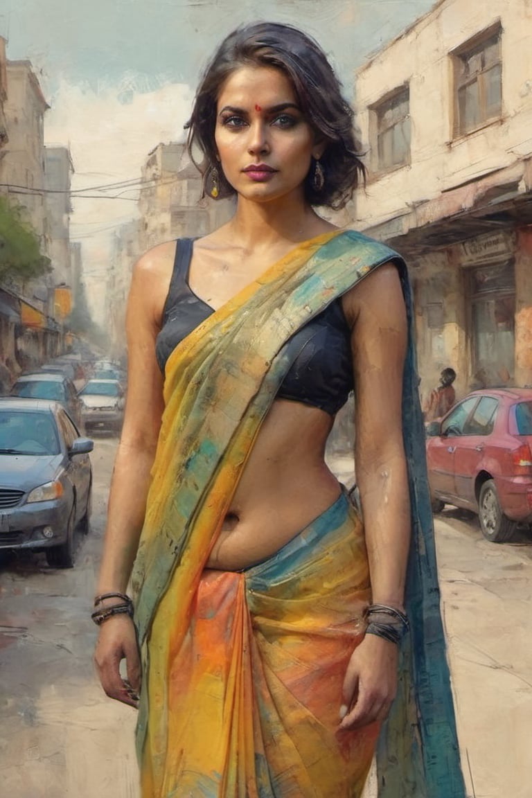 a 20 year super model instagram girl. wear saree, colorful art by Jeremy Mann and Carne Griffith,on parchment,digital painting,street sketch background,Sexy Saree,full-body_portrait