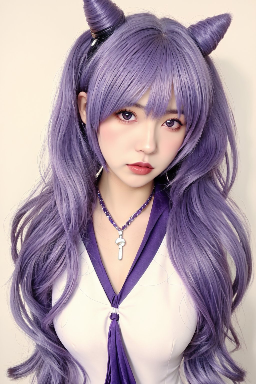 1girl, solo, cone hair bun, looking at viewer, purple hair, twintails, purple eyes, long hair,hair bun, necklace, jewelry,bangs,hair ornament, lips, double bun,