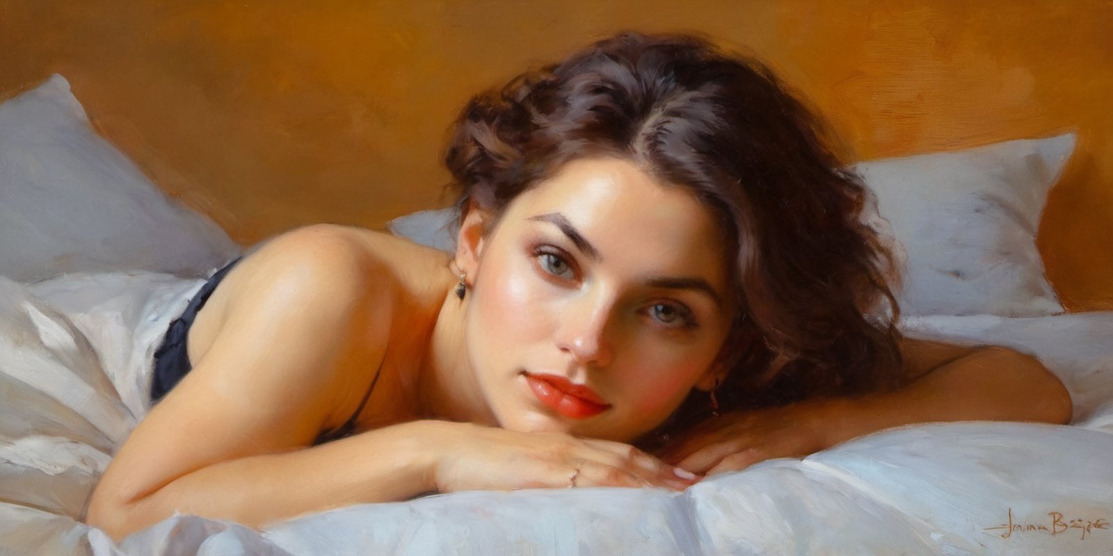 An oil painting in the style of John Singer Sargent and a print by Ivana Besevic, the lighting style of Rembrandt. A beautiful portrait of a  attractive women. laying on a bed. A detailed, beautiful, girlish face. Narrow nose, beautiful, large eyes and full lips,(brilliant composition) ,oil painting