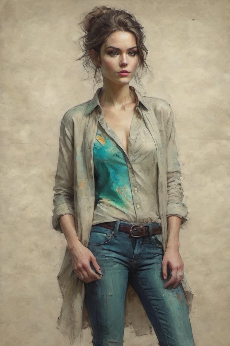 a Irish super model instagram girl. colrful long shirt and jeans, colorful art by Jeremy Mann and Carne Griffith,on parchment,digital painting