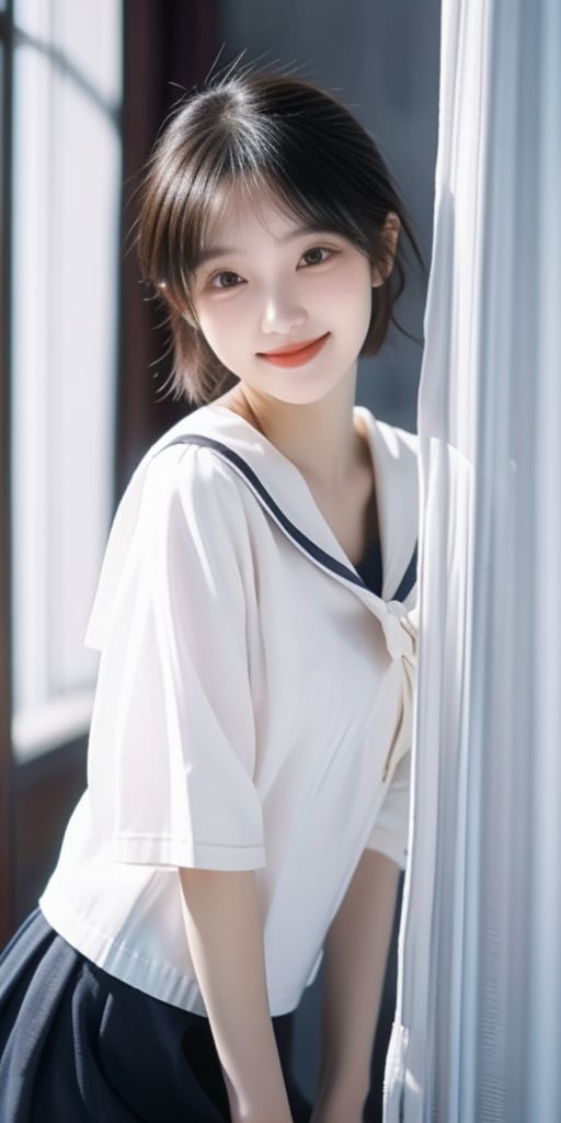 1 girl, 18 years old, open mouth, smile, short hair, (droopy eyes), very cute face, slender figure, semi-mature body, Short skirt,round face, edge light, blurred background, plump cheeks, slightly black skirt, sailor girl, chest curtain, JK, 1 girl,<lora:659111690174031528:1.0>