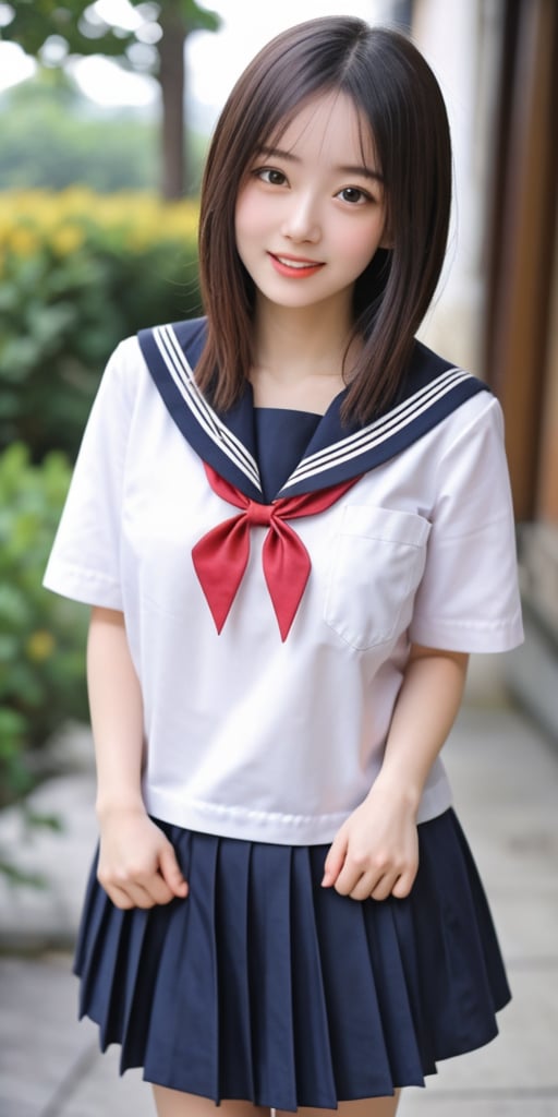 1 girl, 18yo, open mouth, smile ,short hair,  (drooping eye), extrereamly cute face, round face,  rim light, blurry background, plump cheeks, micro black skirt,sailor_girls, boob cartain,JK,1girl,,<lora:659111690174031528:1.0>