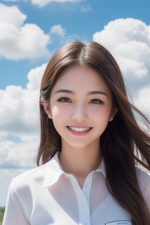 (1girl:1.2), (big smile), beautiful face, Amazing face and eyes, long silky brown hair, wearing white t shirt, delicate, (Best Quality:1.4), (Ultra-detailed), (extremely detailed beautiful face), cute smile, brown eyes, (highly detailed Beautiful face), (summer high school uniform:1.2), (extremely detailed CG unified 8k wallpaper), Highly detailed, High-definition raw color photos, Professional Photography, Realistic portrait, Extremely high resolution, smiling, (Clouds all over the sky, cloudy sky, lots of clouds:1.5), (cloudy day:1.5), half figure