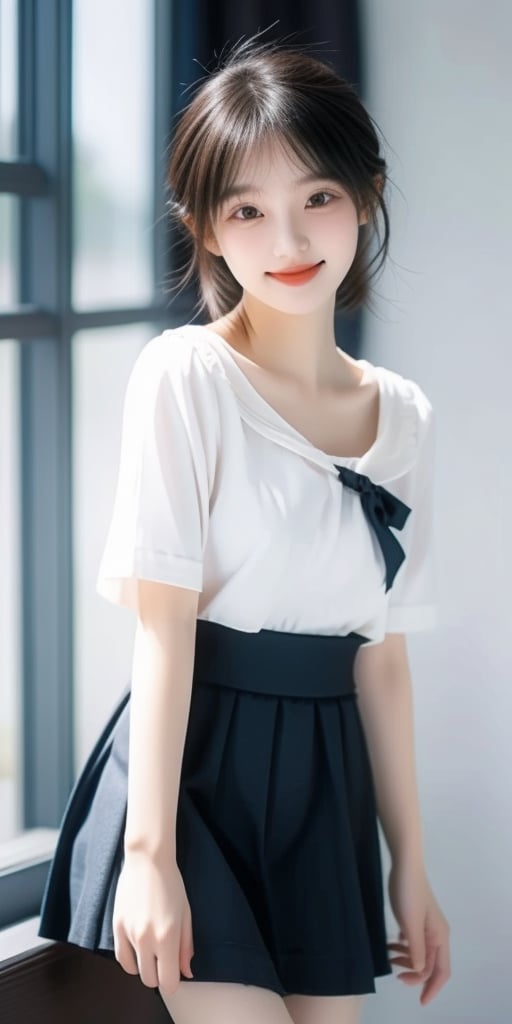 1 girl, 18 years old, open mouth, smile, short hair, (droopy eyes), very cute face, slender figure, semi-mature body, round face, edge light, blurred background, plump cheeks, slightly black skirt, sailor girl, chest curtain, JK, 1 girl,<lora:659111690174031528:1.0>