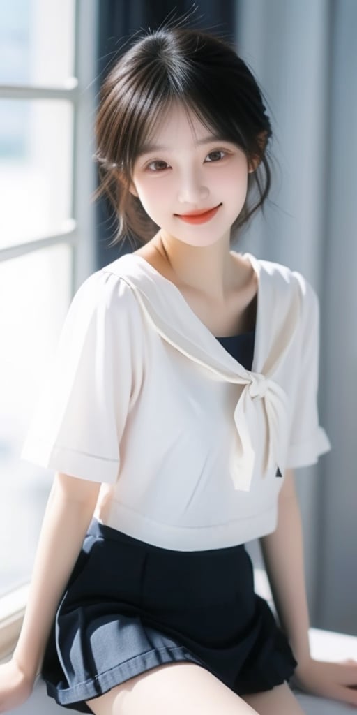 1 girl, 18 years old, open mouth, smile, short hair, (droopy eyes), very cute face, slender figure, semi-mature body, Short skirt,round face, edge light, blurred background, plump cheeks, slightly black skirt, sailor girl, chest curtain, JK, 1 girl,<lora:659111690174031528:1.0>