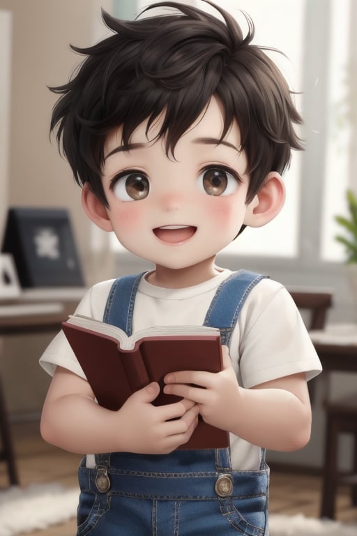 A toddler boy with a radiant smile, his short brown hair messy and endearing. He's dressed in worn overalls and a plain white shirt, his tiny hands cradling a book. His black hair is swept across his forehead, adding to his adorable charm. The camera captures him indoors, the background blurred to focus attention on his joyful face as he holds the book open-mouthed, his eyes shining with excitement.