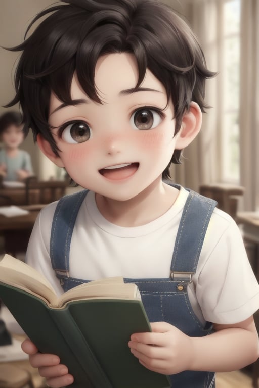 A young boy with a radiant smile, his short brown hair messy and endearing. He's dressed in worn overalls and a plain white shirt, his tiny hands cradling a book. His black hair is swept across his forehead, adding to his adorable charm. The camera captures him indoors, the background blurred to focus attention on his joyful face as he holds the book open-mouthed, his eyes shining with excitement.