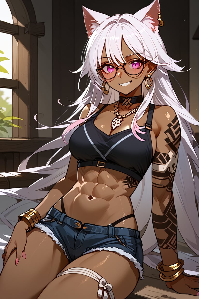 1girl, solo, cat girl, dark skin, house, looking at viewer, sitting, malicious smile, white hair, long hair, straight hair, bangs, viking tattoo, pink eyes, abs, six pack, slim waist, inverted triangle hips, big trapeze, bone collar, big chest, big ass, big thigh, earring, necklace, bracelet, bicep bracelet, choker, glasses, piercing, Expressiveh, sexy short tank top, sexy mini shorts, sexy panty strap,