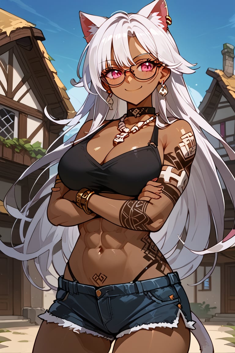 1girl, solo, cat girl, dark skin, house, crossed arms, malicious smile, white hair, long hair, straight hair, bangs, viking tattoo, pink eyes, abs, six pack, slim waist, inverted triangle hips, big trapeze, bone collar, big chest, big ass, big thigh, earring, necklace, bracelet, bicep bracelet, choker, glasses, piercing, Expressiveh, sexy short tank top, sexy mini shorts, sexy panty strap,