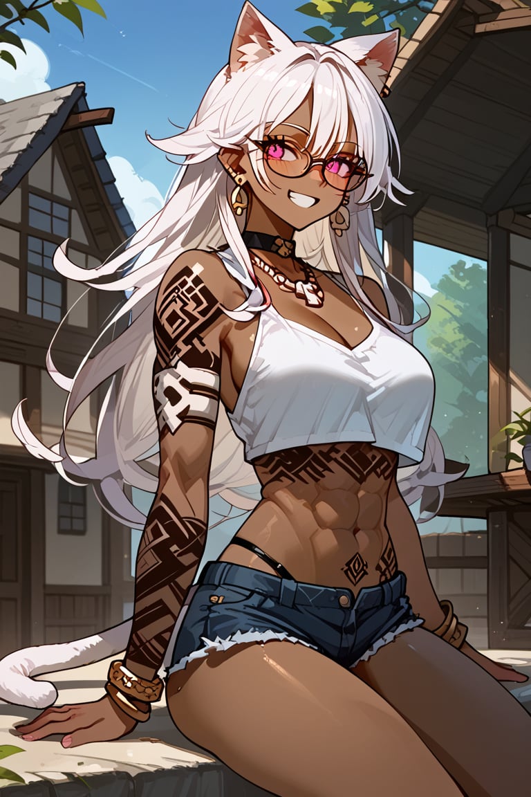 1girl, solo, cat girl, dark skin, house, ass, back, back view, sitting, malicious smile, white hair, long hair, straight hair, bangs, viking tattoo, pink eyes, abs, six pack, slim waist, inverted triangle hips, big trapeze, bone collar, big chest, big ass, big thigh, earring, necklace, bracelet, bicep bracelet, choker, glasses, piercing, Expressiveh, sexy short tank top, sexy mini shorts, sexy panty strap,