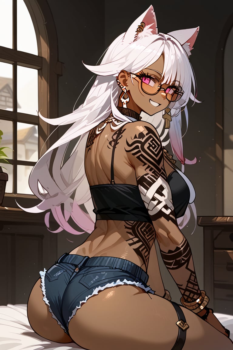 1girl, solo, cat girl, dark skin, house, ass, back, back view, sitting, malicious smile, white hair, long hair, straight hair, bangs, viking tattoo, pink eyes, abs, six pack, slim waist, inverted triangle hips, big trapeze, bone collar, big chest, big ass, big thigh, earring, necklace, bracelet, bicep bracelet, choker, glasses, piercing, Expressiveh, sexy short tank top, sexy mini shorts, sexy panty strap,