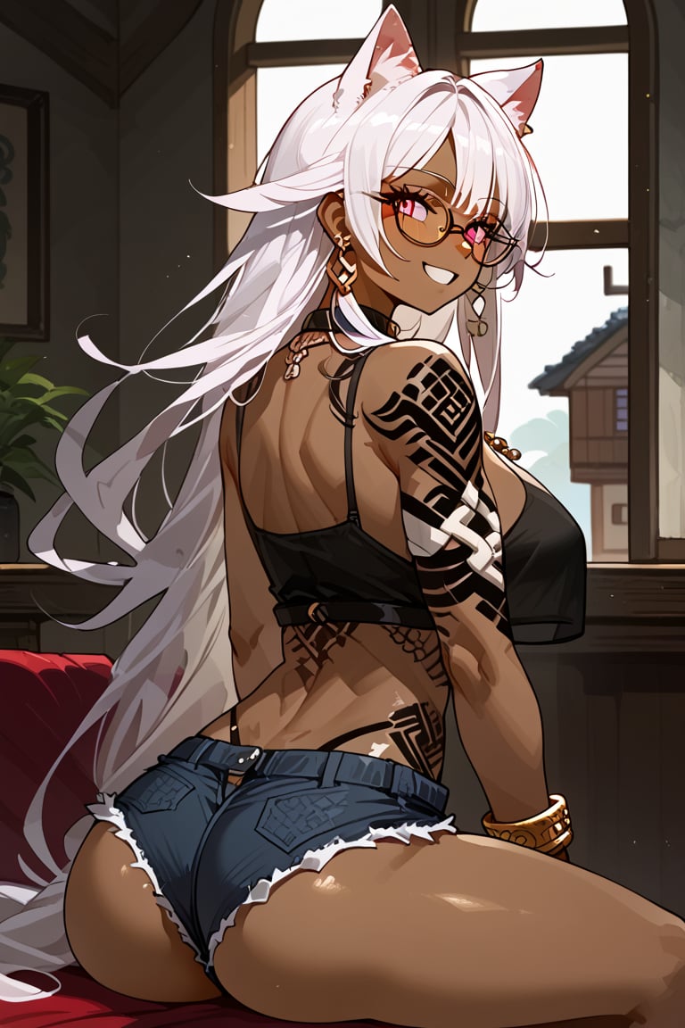 1girl, solo, cat girl, dark skin, house, ass, back, back view, sitting, malicious smile, white hair, long hair, straight hair, bangs, viking tattoo, pink eyes, abs, six pack, slim waist, inverted triangle hips, big trapeze, bone collar, big chest, big ass, big thigh, earring, necklace, bracelet, bicep bracelet, choker, glasses, piercing, Expressiveh, sexy short tank top, sexy mini shorts, sexy panty strap,