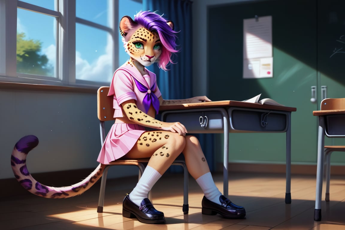 score_9,score_8_up,score_7_up,score_6_up,score_5_up,score_4_up,sitting,classroom,school desk,desk,school chair,wooden floor,window,locker,indoors,sidelighting,bloom. ,female solo,solo,realistic fur,realistic detail,anthro,furry,very aesthetic,best quality,felid,jaguar,mammal,pantherine,child,young anthro,young female,flat chest,(green eyes),short hair,undercut,sidecut,asymmetrical hair,multicolored hair,two-tone hair,(purple hair: 1.5),(light pink hair: 1.3),streaked hair. ,(light pink serafuku,serafuku,summer uniform,school uniform),neckerchief,(light pink sailor collar,sailor collar),(light pink shirt,shirt),(light pink skirt,skirt),(purple bow,purple bowtic),(white socks,socks),(black shoes,shoes),full body,looking at viewer. ,beautiful,(punk,rock fashion),