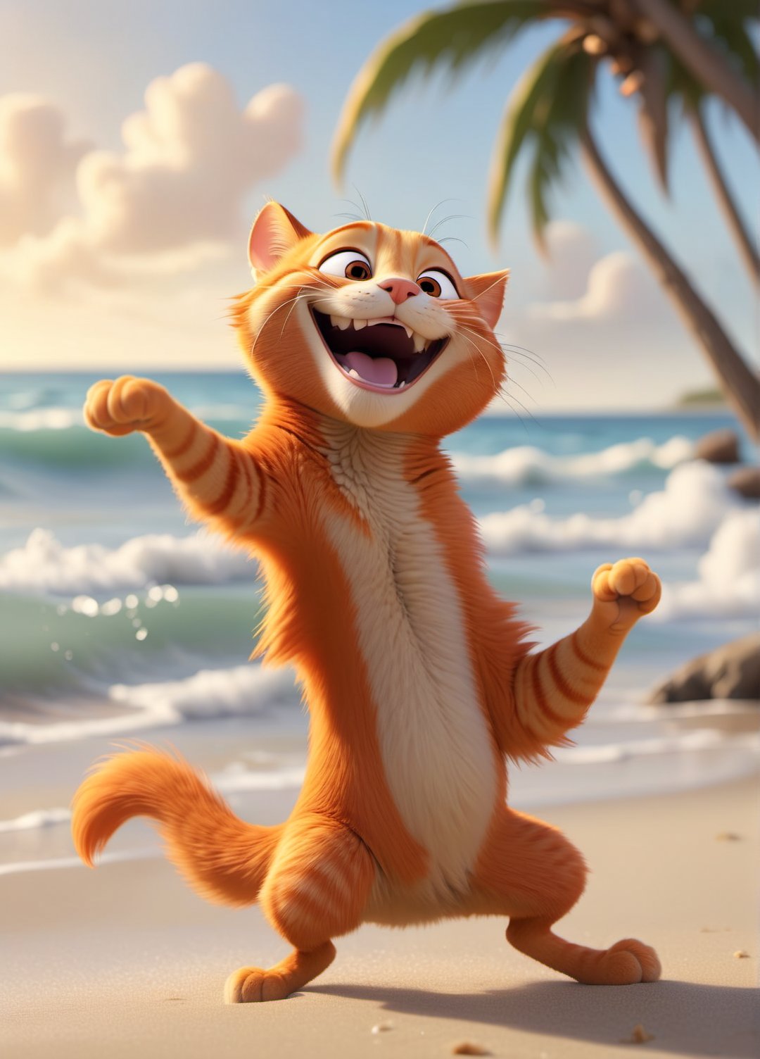 An orange cat happily dancing on the beach in Disney-Pixar style animation,