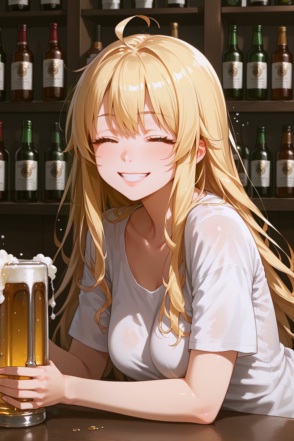 1girl, solo, blonde_hair, long_hair, blush, closed_eyes, alcohol, smile, shirt, bottle, :3, drunk, t-shirt, upper_body, hoshii_miki, beer