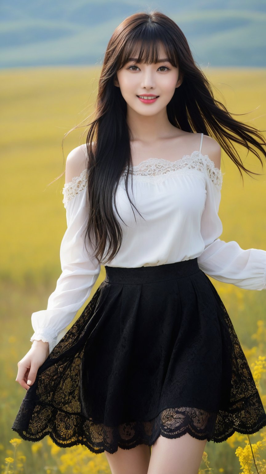 Capture (whole body: 1.2) a smiling girl, 20 years old, wearing a black lace skirt, on the Qingqing prairie, dark bright long hair, bangs, flowing hair, dark eyes, metal golden eye shadow, pale yellowish skin, fixed fingers, natural makeup, (masterpiece: 1.2), (lifelike, photo level: 1.1), original photos, high quality, high_resolution,16k, More details XL, more reasonable details