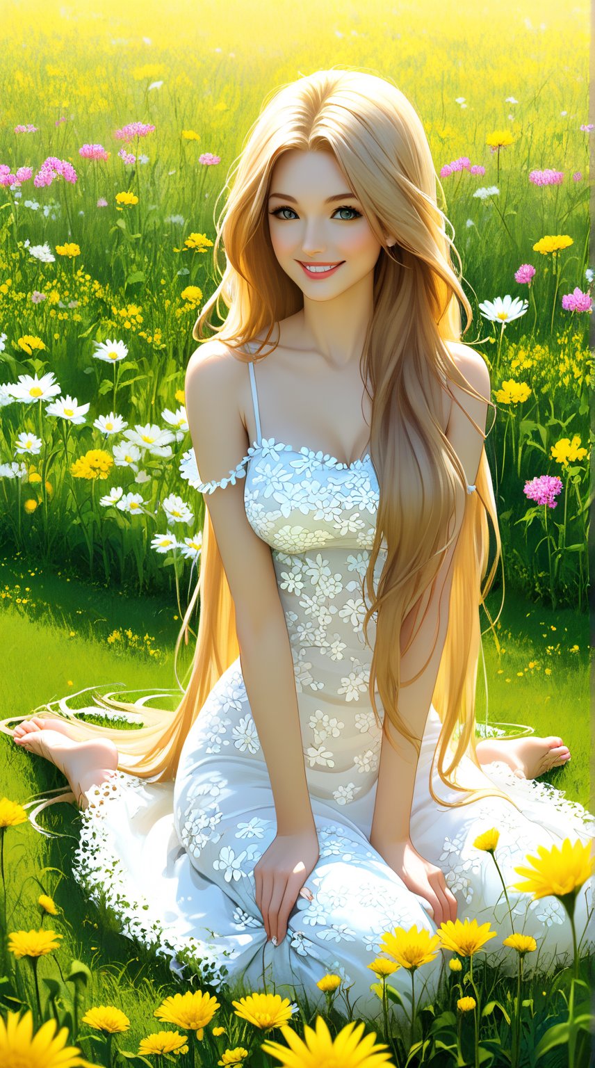 A very beautiful girl is sitting in the grass.There are many flowers around, and its chest is very big.andShe is wearing very sexy clothes.Smile at the camera.His hair was blown by the wind.Long hair is fluttering.And his hair is colored.And drizzle and breeze.4k.uhd.