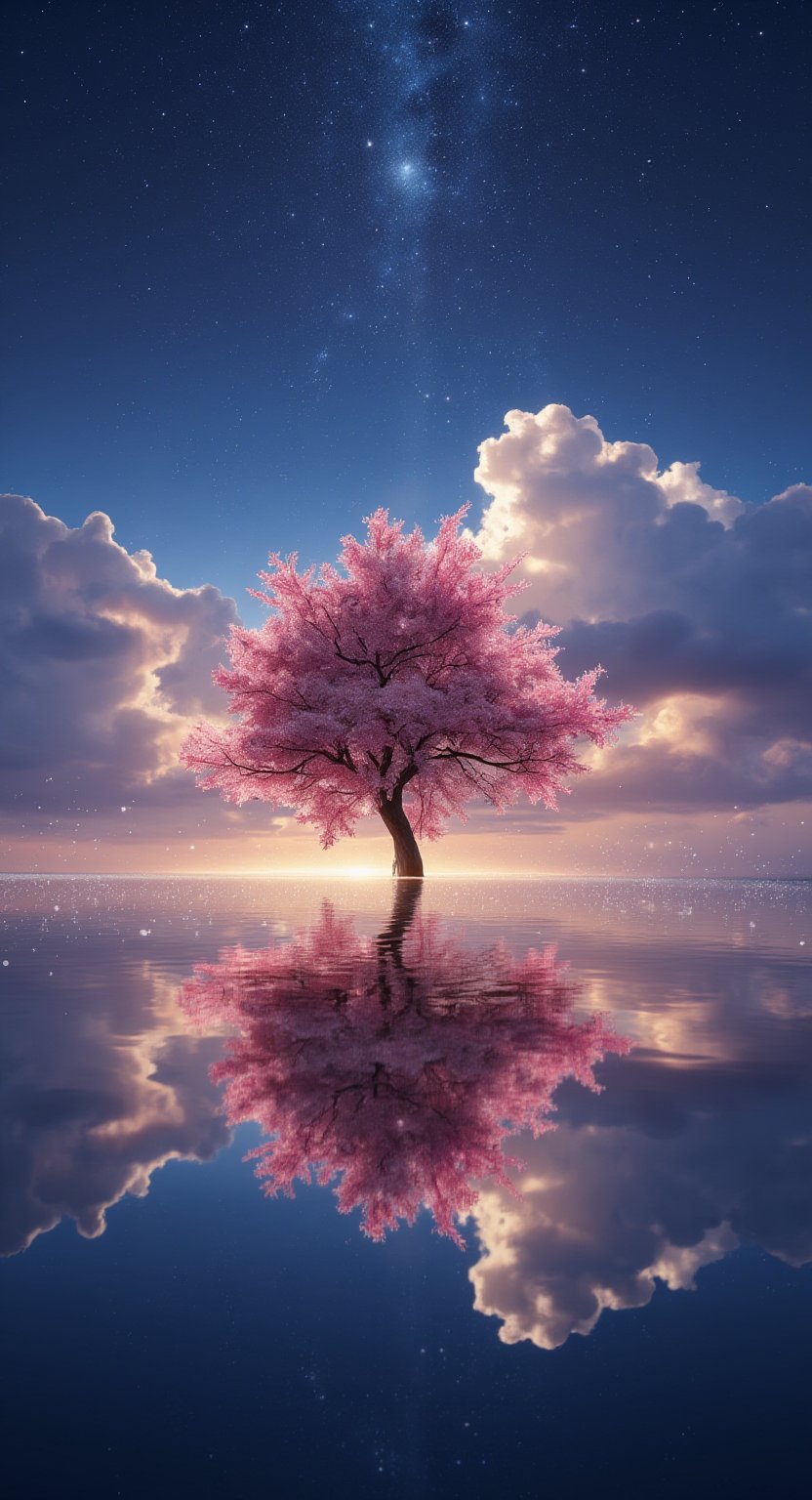 A wide angle visualization of a mystical scene of a sunset, showing a starry night filled with clouds, there is a reflection of a sakura tree in the sea in the center, illuminated by fireflies, an epic moment of quiet contemplation and understanding the meaning of your journey. highly detailed, uhd anime wallpaper, digital animation, epic, beautifully pictorial,