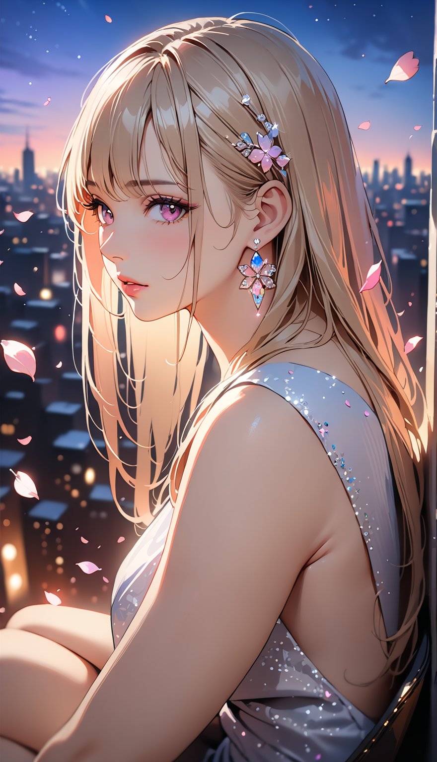 1girl, solo, ((sitting: 2.5)), long hair, looking at viewer, blush, bangs, hair ornament, jewelry, pink eyes, himecut, blonde straight hair, earrings, parted lips, blurry, lips, ((evening: 1.1)), eyelashes, portrait, light particles, ((masterpiece: 2.5)), excellent quality, light particles, city in background, ((stunning_image: 1.5)), ((sakura petals in air: 1)), full body shot.