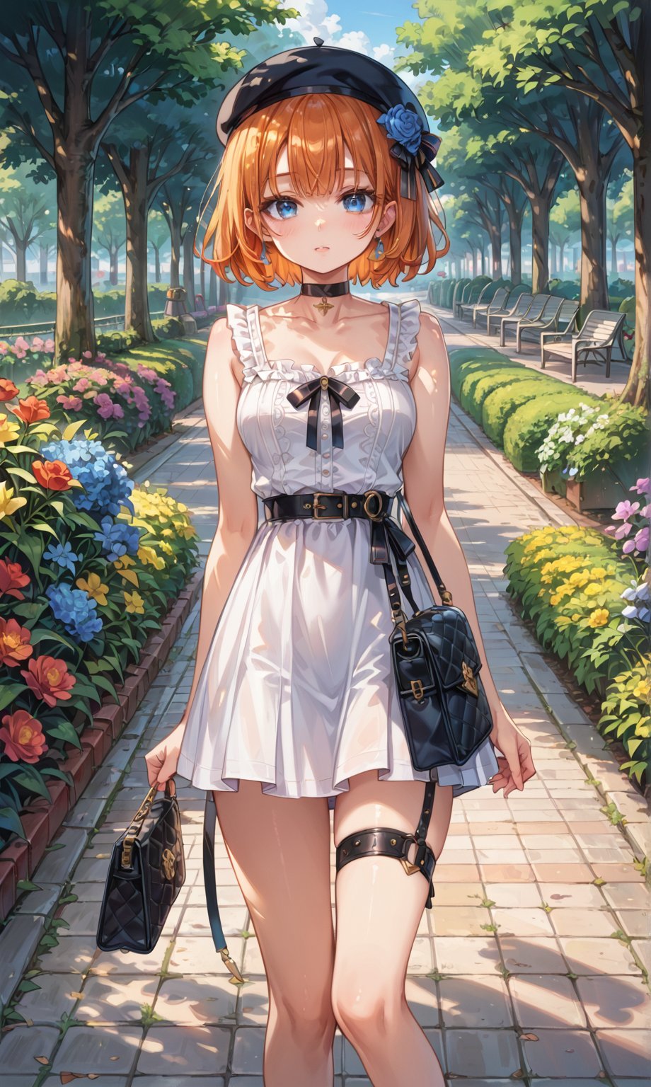 high detail, high quality, masterpiece, beauty, beautiful woman, 1 girl, full body, looking at viewer, (orange hair, short hair, beautiful face, blushing, beautiful eyes, bright eyes, blue eyes, black choker, white blouse sleeveless, short white skirt, handbag, black beret, leg belt), background detail, park, day, bright light, colorful flowers, Score_9, Score_8_up, Score_7_up, Score_6_up