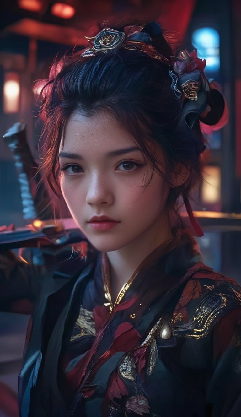 Create a hyper-realistic digital portrait of a young female warrior in an elaborate, traditional Asian-inspired outfit with ornate hair accessories. The subject is holding a katana with intricate gold detailing. Her face is illuminated by a mix of soft and dramatic red and blue lighting, casting subtle reflections on her skin, which appears slightly dewy. The camera angle is a close-up, focusing on her intense gaze, with light and shadows playing dynamically across her face. Her pose is calm yet powerful, with a sense of quiet intensity. The composition blends delicate details with a strong sense of contrast between light and shadow. The art style evokes a blend of hyper-realism and fantasy, possibly influenced by the works of modern digital artists like WLOP or Sakimichan, known for their luminous lighting and ethereal aesthetics,Young woman,Midjourneyart,Mecha,Midjourneyart 