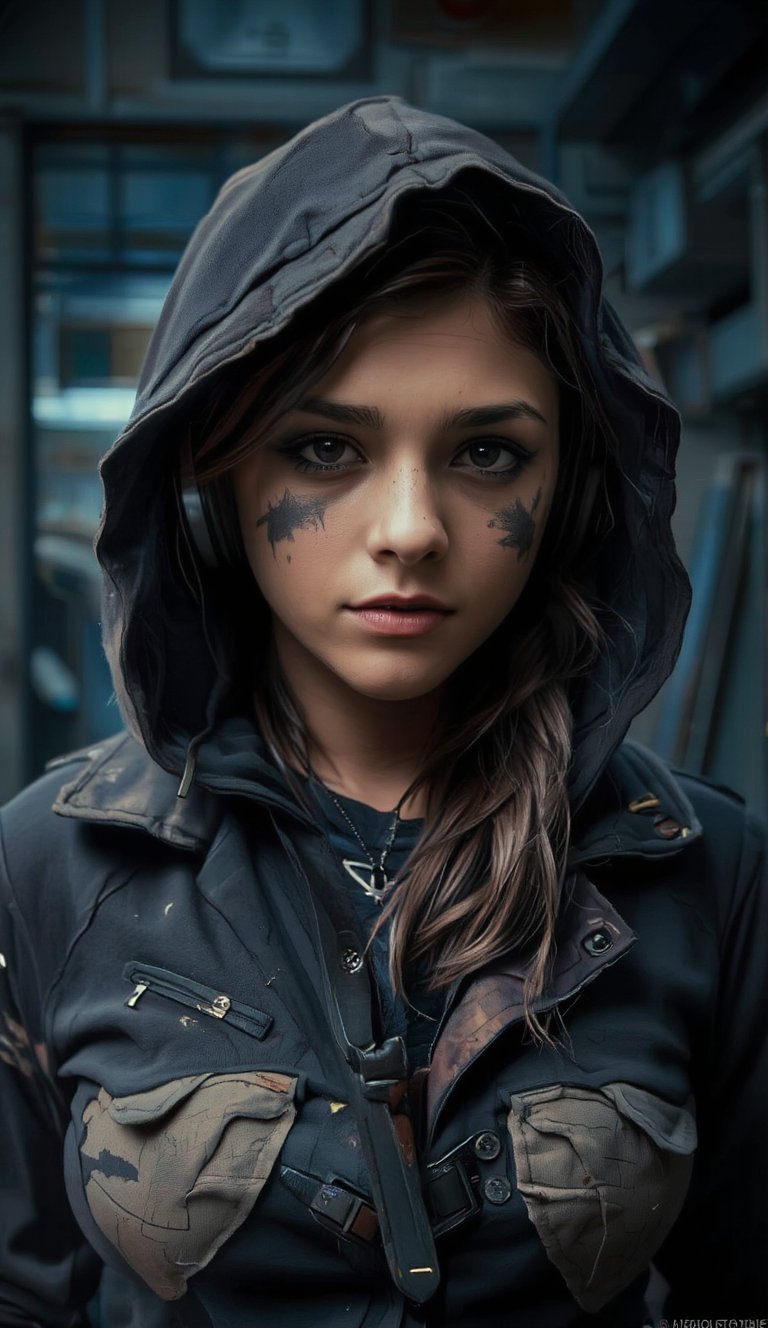 Create a hyper-realistic digital artwork of a young woman in a dystopian, cyberpunk setting. She is wearing large, rugged headphones, with a weathered, tattered hood draped over her head. The woman has a tough, yet pensive expression, her face marked with black warpaint and smudges, and her hair is disheveled, falling in messy strands. The image is a close-up ,3/4 side view shot, focusing on her face and upper body from a slightly low angle, creating an intense and dramatic effect. The lighting is moody, with a soft glow highlighting her facial features, creating deep shadows around the edges. The clothing features metallic rings and distressed textures, adding to the post-apocalyptic vibe. The overall atmosphere is gritty, blending beauty and decay. The style is reminiscent of futuristic realism, inspired by the works of H.R. Giger and Simon Stålenhag, with a focus on dark, mechanical elements mixed with organic beauty