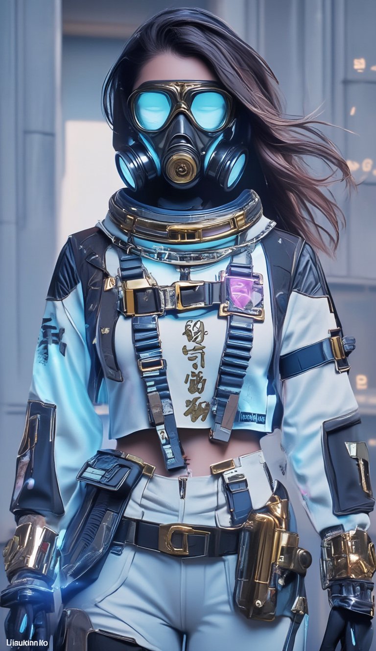 hyper realistic asian woman, flowing expressive hair, futuristic gas mask, her holographic attire is a mix of futuristic streetwear and astronaut suit, she looks cool, confident, swag, reflective textures, layered textures, bold characters, neon glowing japanese kanjis, multiples cloth fastenings, thick golden jewels, 8K, uhd, rendered in houdini