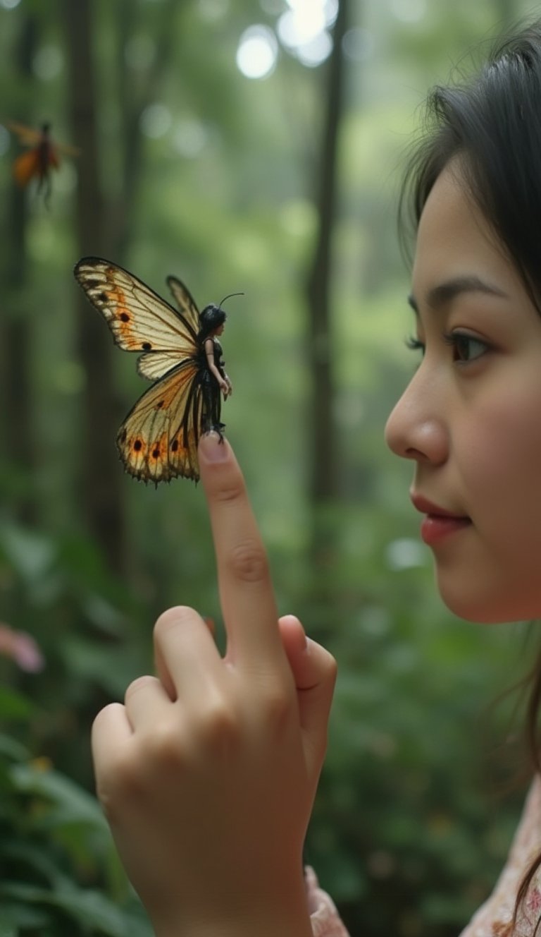 Medium Macro close camera view showing side part still image of a beautiful young,straight layer hair style woman with her finger up on air as if she was showing something. On her index finger tip stand a tiny female human. This creature is a fairy wearing  gown and beautiful. Attach to this fairy back is oversize beautiful wings similar to butterfly. Background show a a fantasy world forest with mind blowing and unseen yet before of plants and insects